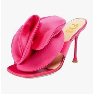 FYS Deep Pink Floral Thong Mules Square Open Toe Slide Sandal Stiletto Heel Shoe